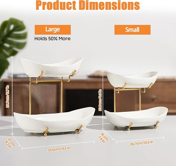 2 Tier Ceramic Fruit Bowl for Kitchen Counter, Tiered Fruit Basket for Countertop, Modern Multi Layer Fruit Display Stand for Party, Cute (Gold&White, Large)