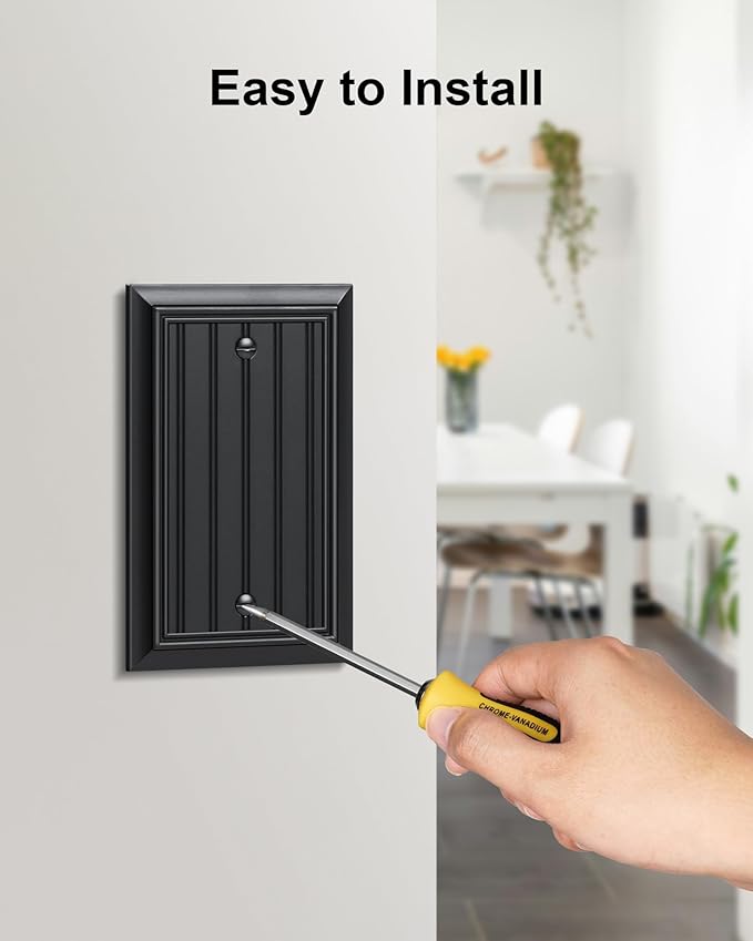 2-Pack Classic Beadboard Single Blank Wall Plate, Durable Natural Bamboo Fiber Wall Plate Cover,Matte Black 1 Gang Wall Plate for Unused Outlets/Switches
