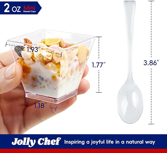 JOLLY CHEF 100 Pack 2oz Square Mini Dessert Cups with Spoons, Clear Plastic Parfait Appetizer Cup, Small Plastic Dessert Serving Bowl for Tasting Party
