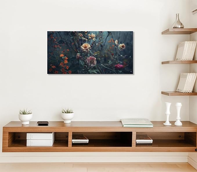 ADJUVANT Wall Art Impressionist Floral 48"L x 24"W, Dark Toned Blossoms With Lush Foliage Canvas Painting Enchanting Flowers Artwork Prints Floral Wall Decor for Living Room Bedroom Study Home Office