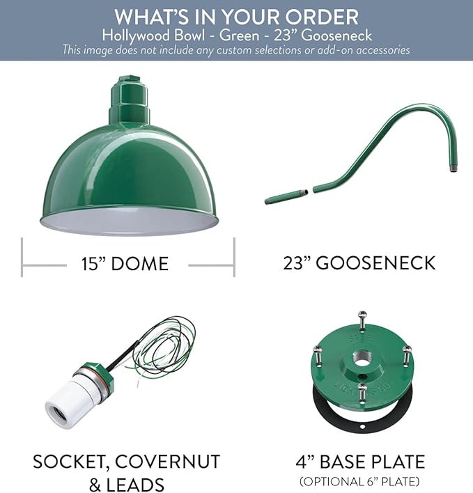 Steel Lighting Co. Hollywood Bowl Light | Outdoor Wall Mounted | 15 inch Bowl Dome | 23 inch Gooseneck | Barn Light Made in America | Green Exterior/White Interior
