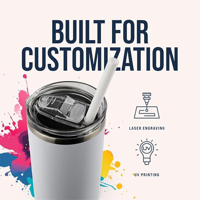 Hogg 20 oz Skinny Case (24 Units) - White, Powder Coated Tumblers for Laser Engraving, Engravable Tumblers Bulk, Stainless Steel Cups Bulk, Insulated Cups with Lids and Straws