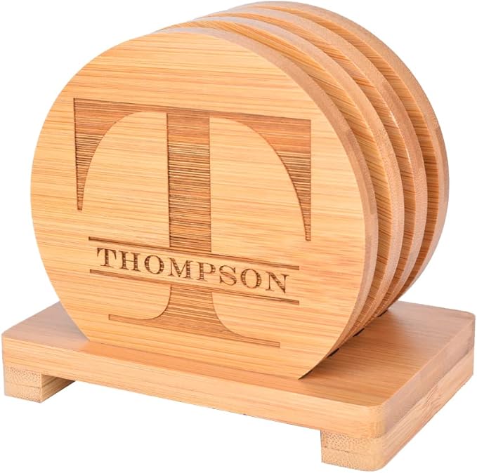 Personalized Coasters, Custom Engraved Coasters, Bamboo Coasters for Drinks, Monogram Coasters with Holder, Great Gifts for Relatives, Friends or Yourself (T, Set of 4)