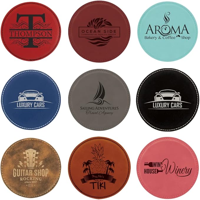 Custom Engraved Coasters | Personalized Leather Coaster | Set of 6 | Drink Coasters with Holder | Laser Engraved | Tabletop Protection | Gift for Couples (Round 4", Teal w/Black)