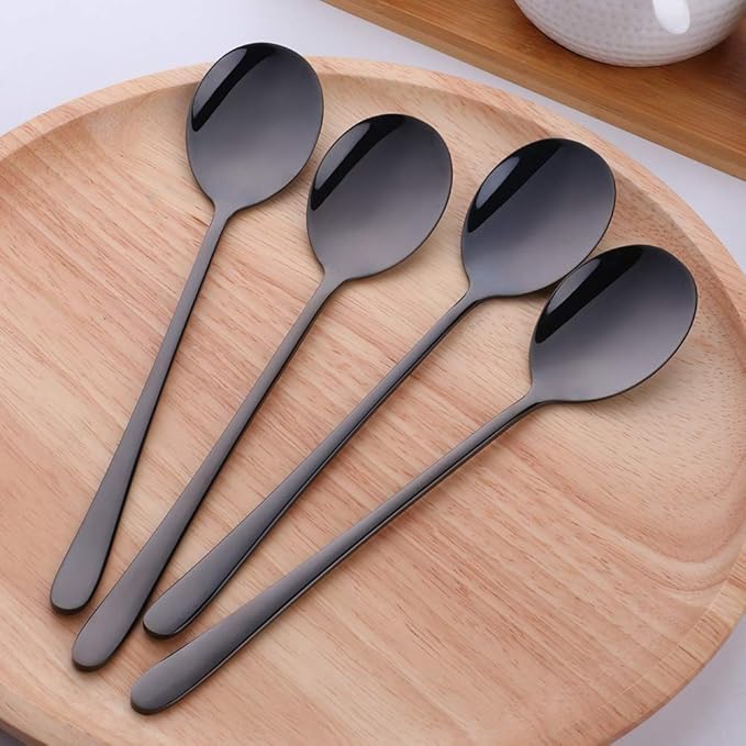 Buyer Star 5-pieces Black Dinner Table Spoons 8-Inch Stainless Steel Metal Korean Soup Spoons