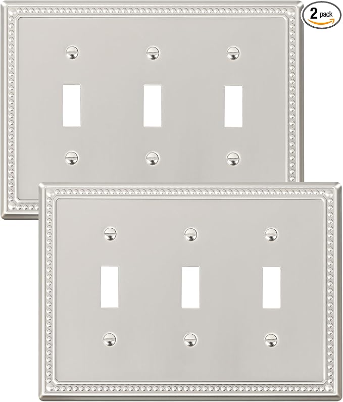 2-Pack Triple Toggle Light Switch Cover Plate, Pearls Decorative Switch Plate Covers, Brushed Nickel 3 Gang Metal Wall Plate