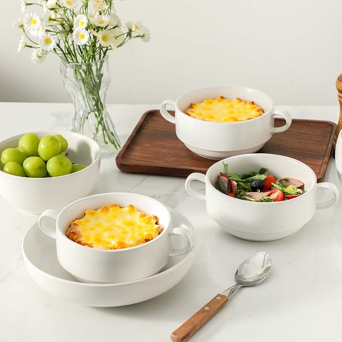 Soup Bowls, 22 oz French Onion Soup Bowls with Handles, Stackable Ceramic Bowls Set of 4, Dinner Bowls for Chili, Beef Stew, Soup, Cereal, Oven Microwave Dishwasher Safe, Matte White