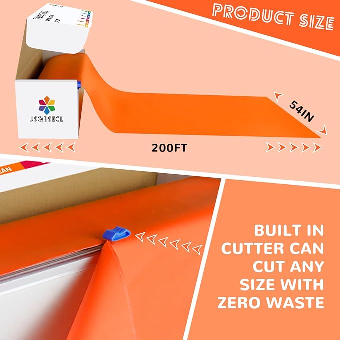 54 Inch X 200 Feet Plastic Table Cover Roll with Convenient Slide Cutter, Disposable Plastic Table Cloth Roll with Cut-to-Size Design for Weddings, Banquets, Parties (Orange)