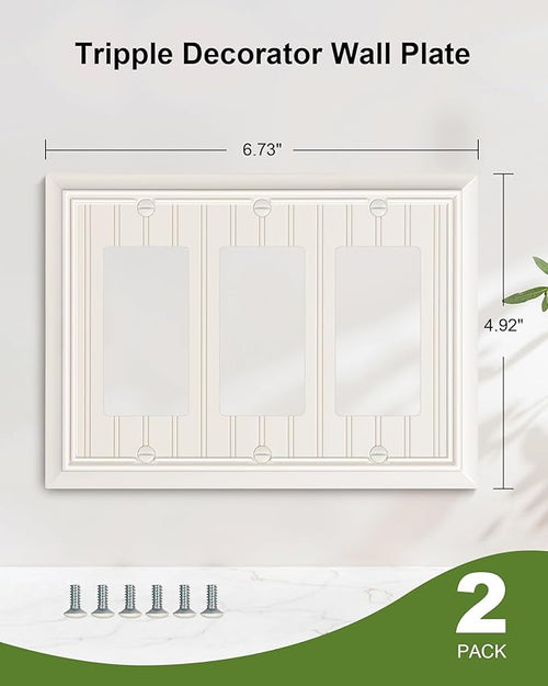 2-Pack Classic Beadboard Decorative Tripple Decorator Outlet Cover Plate, Durable Natural Bamboo Fiber Light Almond Wall Plate for Electrical Outlets, Receptacle, GFCI Outlet, Dimmer Switch, 3-Gang