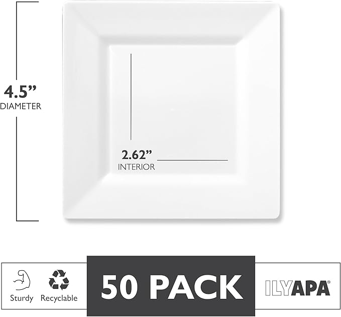 Ilyapa 50 White Square Disposable Plates - 4.5" Inch, Plastic Disposable Mini Square White Plates, for Appetizers, Dessert, & Tasting