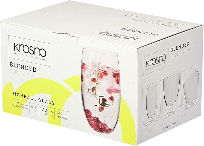 Krosno Water Juice Drinking Glasses, Set of 6 Pieces, 17.2 oz, Blended Collection, Everyday Drinking Glasses, Multipurpose, Dishwasher Safe, Made in Europe