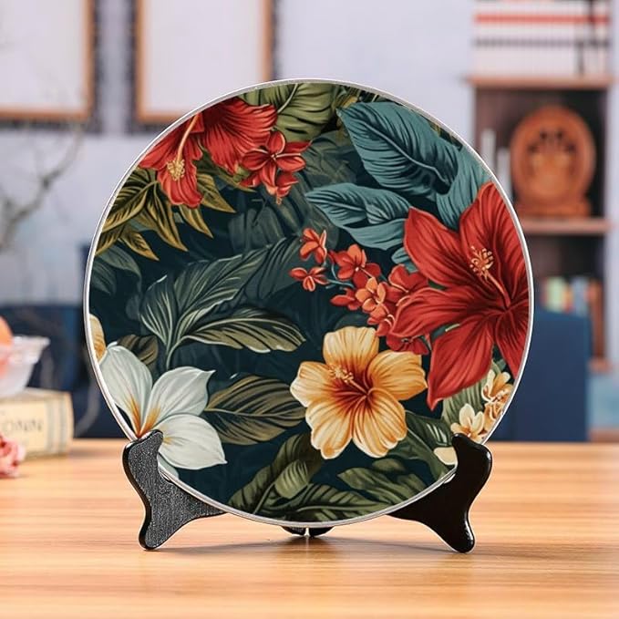 10 Inch Textile Tropical Nature Decorative Ceramic Plates with Display Stand Ideal for Household Wall Hanging and Decor DP-797099166