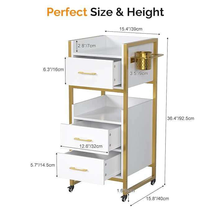OmySalon Salon Trolley Cart, Hair Styling Station with 3 Drawers, 2 Open Shelf & Tool Holders, Mobile Barber Storage Cabinet Utility Trolley for Beauty Salon Spa,White