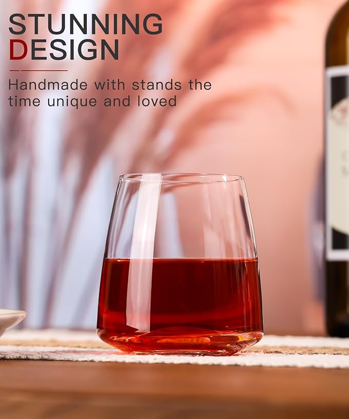 Stemless Wine Glasses Set of 6-15oz【Hand-Blown】 Durable Red White Wine Glasses,Unique Crystal Gifts for Him/Her for Wedding, Birthday，Engagement,Valentine's Day