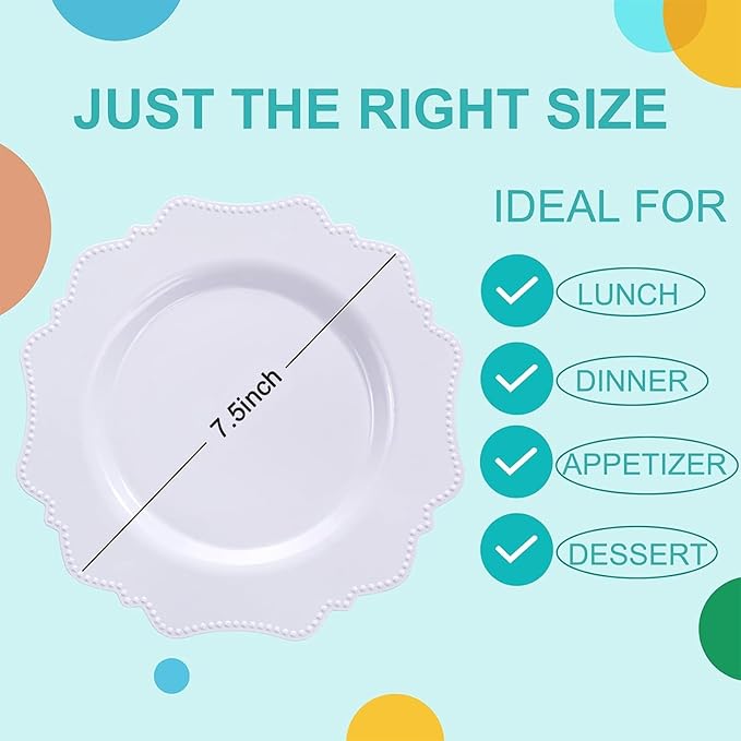 COLOSUS 60pcs 7.5 Inch White Plastic Dessert Plates,Premium Plastic Salad Plates,Heavy Duty Disposable Appetizer Plates for Thanksgiving Wedding and Everyday Use
