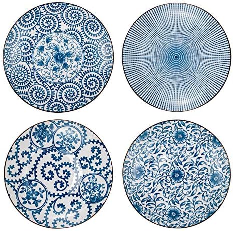 Foraineam Set of 4 Blue and White Porcelain Serving Plates Floral Dinner Shallow Plates Appetizer Salad Dessert Snack Plate Set by Foraineam