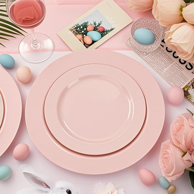 FLOWERCAT 100PCS Pink Plastic Plates - Heavy Duty Pink Party set Disposable serve for 50 guests -10 inch Dinner + 7 inch Dessert/Salad Plates for Easter,Birthday Party,Mother's Day