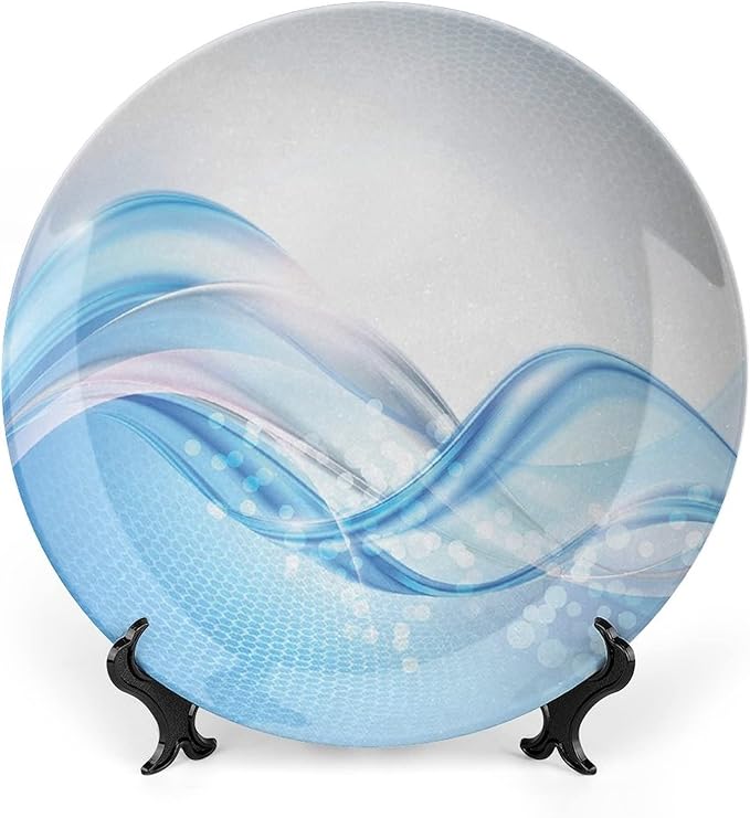 Decorative Plates, Abstract Print Ornament, Modern Wavy Ocean Surfer Summertime Themed, 7 Inch, 1 Plate with 1 Display Stand, Pale Blue and White