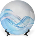 Decorative Plates, Abstract Print Ornament, Modern Wavy Ocean Surfer Summertime Themed, 7 Inch, 1 Plate with 1 Display Stand, Pale Blue and White