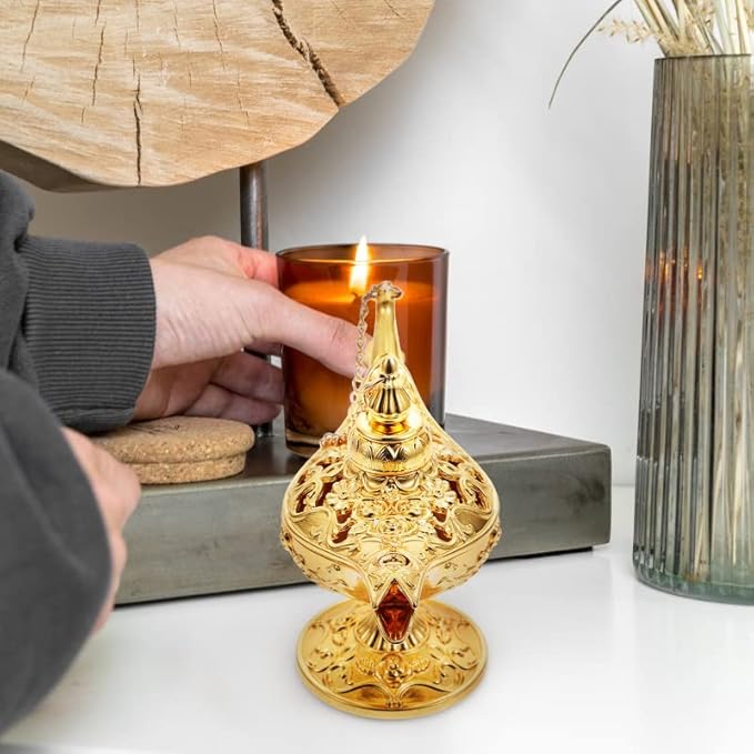 Mini Vintage Aladdin Magic Genie Lamp,Metal Wishing Light,Arabian Costume Props Lamp Tabletop Decor Crafts for Home/Wedding Decoration&Gift for Party/Halloween/Birthday (Gold)