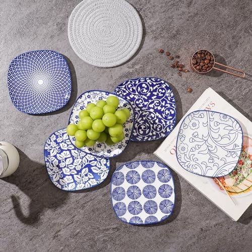 Selamica Porcelain Small Plates - 6 inch Dessert & Appetizer Plates, Microwave & Dishwasher Safe, Set of 6, Vintage Blue - Image 4