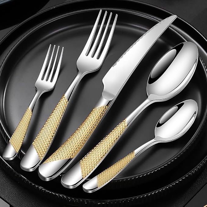 60-piece Luxury Gold-plated TWEE Silverware Set for 12 Palace Style Stainless Steel Flatware Cutlery Serving Utensils Eating Tableware for Home Kitchen Hotel Restaurant Mirror Polished