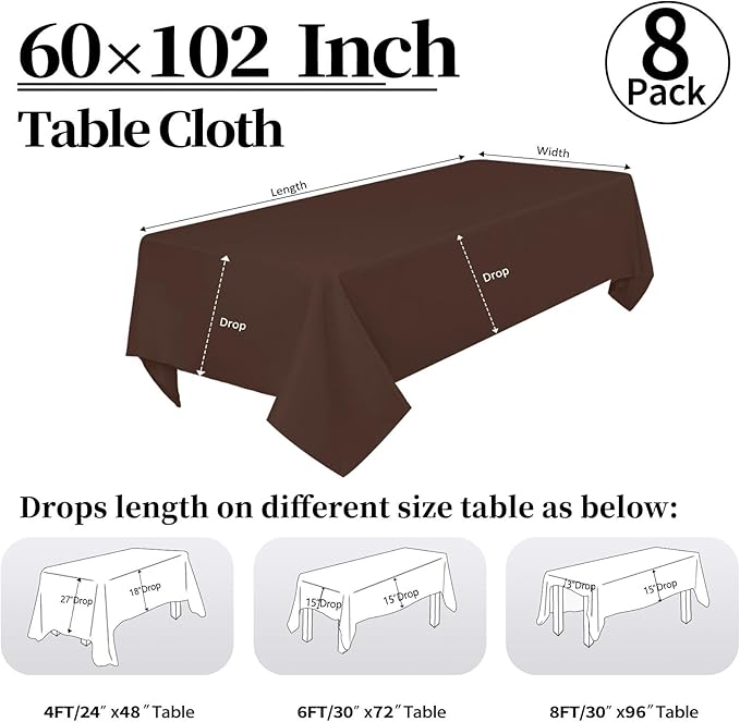 8 Pack Brown Tablecloth 60 x 102 Inch Rectangular Table Cloth for 6 Foot Rectangle Tables, Wrinkle Resistant Washable Rectangle Fabric Table Covers for Wedding Party Banquet Buffet and Camping