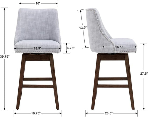 27.5" Counter Height Bar Stools Set of 2, Linen Fabric Mid Century Modern Swivel Barstool with Back & Wood Legs Comfy Upholstered Counter Chairs for Home Bar/Dining Room/Restaurant, Grey