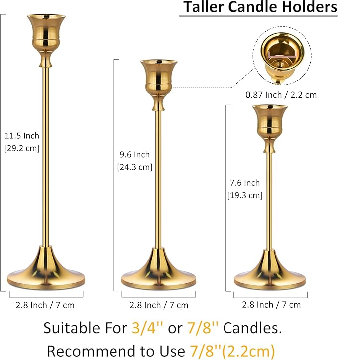 Metal Candle Holders for Candlesticks Taper Candlestick Holders Set Vintage Decorative Centerpiece Candelabra Tall Candle Stands (Gold, 4 Sets (12 pcs))