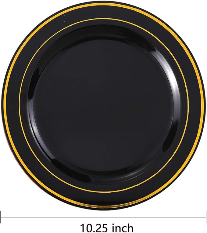 bUCLA 100 Pieces Black and Gold Plastic Dinner Plates - 10.25 inch Black Disposable Plates with Gold Rim - Ideal for Party, Graduation & New Year