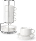 MALACASA 8 OZ Porcelain Espresso Cups with Saucers and Metal Stand Set of 4, Stackable Cappuccino Cups, White Expresso Shots Cup Set for Coffee Drinks, Latte, Tea