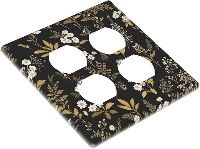 Light Switch Cover Black/Gold Boho Botanical Floral Rustic Flowers 2 Gang Decorative SwitchPlates Double Duplex Wall Plates Switch Plates and Outlet Covers for Bathroom Kitchen Decor