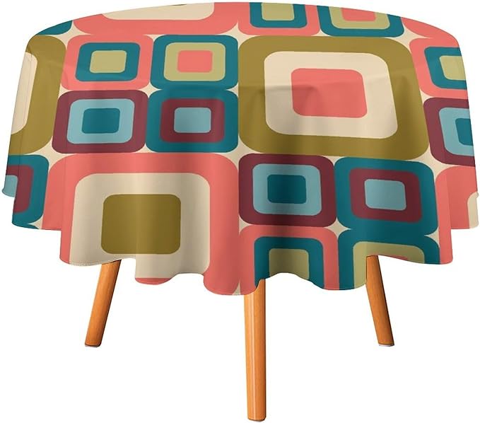 Abstract Geometric Round Tablecloth, Mid Century Modern Middle Century Abstract Patterns Print Tablecloth for Home Party Dining Room Kitchen Decor 70Inch(178cm)