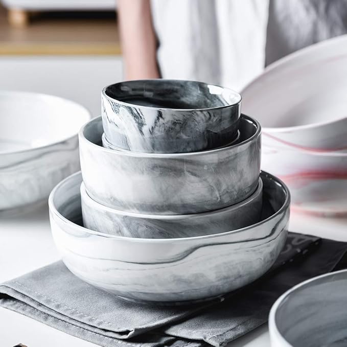 Yundu 56 OZ Gray Marble Porcelain Bowls, Popcorn Bowl, Fruit, Cereal, Pasta, Large, Soup, Serving, Pho Bowl Sets, Microwave and Dishwasher Safe Bowls For Kitchen, Set of 3