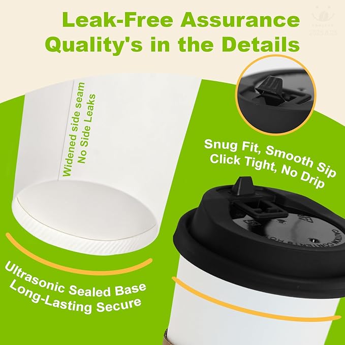 100 Pack 16 oz Disposable Coffee Cups with Lids and Sleeves, To Go Coffee Cups with Lids, Leak-Proof Hot Coffee Cups, PLA White Paper Coffee Cups for Hot Beverage