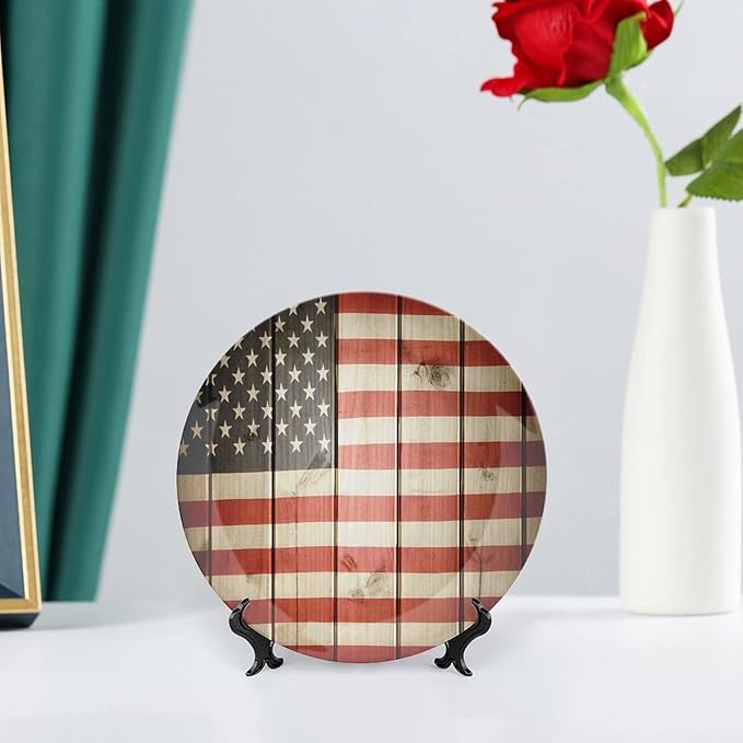 Ceramic Display Plate, American Flag Decor Ceramic Hanging Decorative Plate, USA Flag Over Vertical Striped Wooden Board, 6 Inch, Household Custom Ceramic Plate, Blue Red