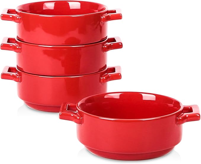 vicrays Ceramic Soup Bowls with Handles, 24 Oz Porcelain Soup Crocks for French Onion Soup, Cereal, Beef Stew, Chill, Pasta, Pot Pies, Microwave and Oven Safe, Set of 4 (Red)
