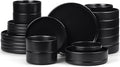 E-far Black Dinnerware Sets with Pasta Bowls, 24-Piece Stoneware Plates and Bowls Sets for 6 | Microwave & Dishwasher Safe Kitchen Modern Dish Set, Matte Black