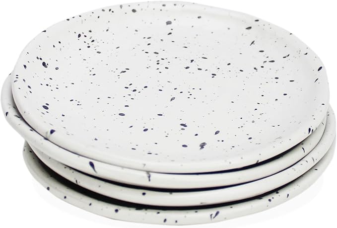 roro Ceramic Canape Plates, Set of 4, Matte White with Dark Speckles, Handmade, 5 Inches Wide