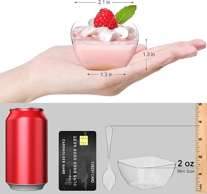 TOFLEN 100ct 2 oz Mini Dessert Cups with Spoons, Clear Plastic Reusable Small Party Serving Cups for Appetizers, Hors D'oeuvres Plates