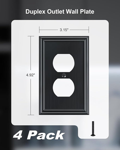 4-Pack Duplex Outlet Cover, Durable Solid Zinc Alloy Decorative Switch Plates and Outlet Covers, Black Wall Plates for Electrical Outlets, 1 Gang Receptacle Cover, Corrosion Resistant
