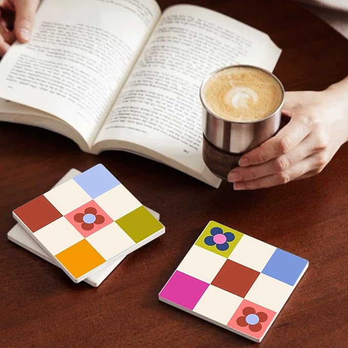 MAYCARI Contrasting Color Cartoon Flower Coasters Set of 6 Cork Backed Checkered Flower Coasters with Metal Holder Ceramic Surface Drink Cup Mats for Tabletop Protection Desk Decoration Birthday Gifts