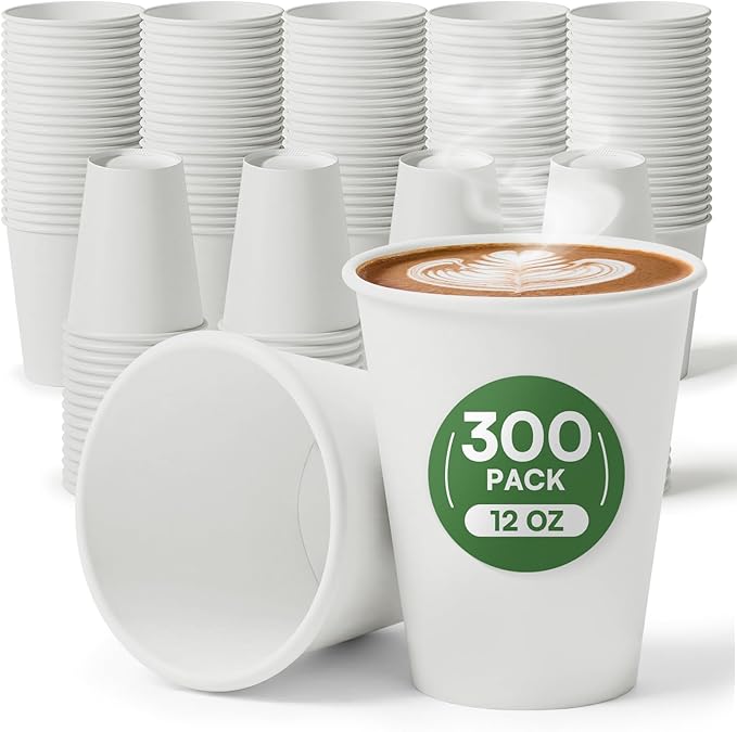 White Paper Cups 12 oz Disposable Coffee Cups, 300 Pack BPA Free Leak Proof Hot Cups, 300GSM Thickened Disposable Cups,Unbleached Hot Cold Drink Cups for Everyday Home Office Coffee Bar Party Supplies