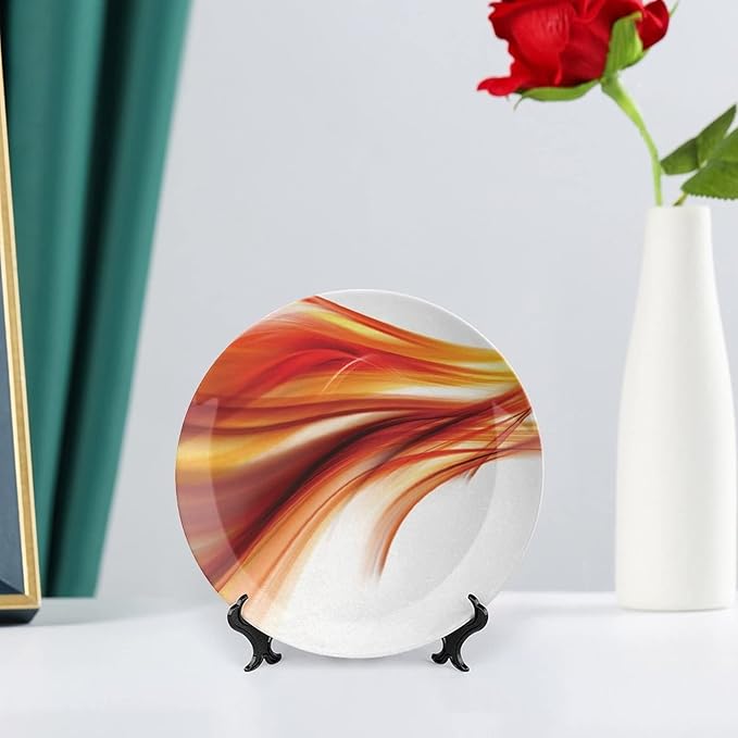 Decorative Plates, Abstract Print Ornament, Modern Smooth Lines Blurred Smock Art, 7 Inch, 1 Plate with 1 Display Stand, Orange Red