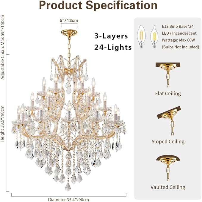 Large Gold Chandelier Light Fixtures - 24 Lights, 3 Layers Modern Crystal Chandeliers for Lobby, Foyer, Entrance Hall, Staircase