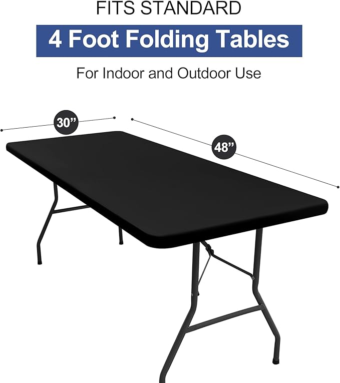 homing 2 Pack Rectangle Table Cloth, Elastic Fitted Fabric Tablecloth Fits for 4 Foot Folding Tables, Washable Table Cover for Picnic, Camping, Indoor & Outdoor (Black, 30" x 48")