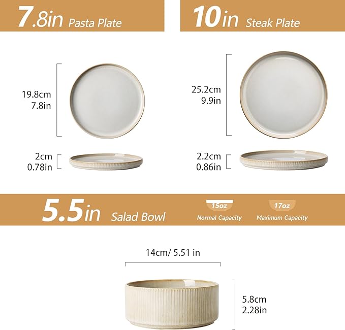 Stoneware Dinnerware Sets for 4, Stoneware Plates and Bowls Set, 12-Piece Ribbed Dishes – Chip & Scratch Resistant, Microwave and Dishwasher Safe Tableware, Reactive White