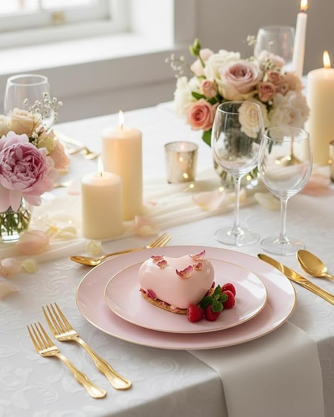 PULOTE 100PCS Pink Plastic Plates - Heavy Duty Pink and Gold Disposable for Party, Wedding, Valentines & Galentines Day, Include 50 Each (Dinner & Dessert) Plates