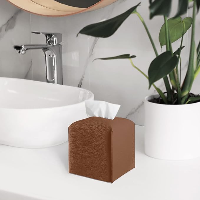 Carrotez Tissue Box Cover, [Refined] Modern PU Leather Square Tissue Box Holder - Decorative Holder/Organizer for Bathroom Vanity Countertop, Night Stands, Office Desk & Car 5"X5"X5" - Camel