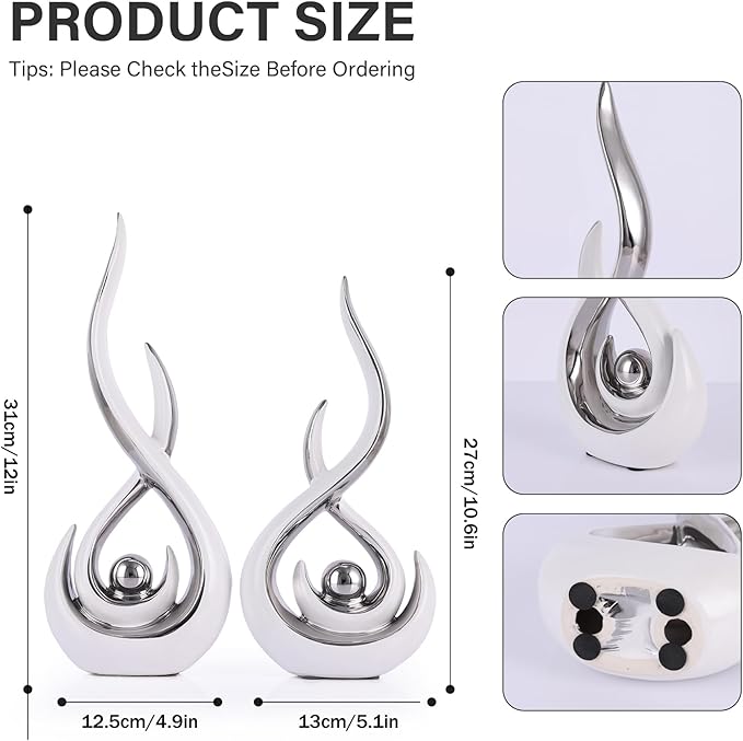 Ceramic Abstract 2 Piece Statue Set, White and Silver Home Decor Accents for Home Decor Statue Mantle Shelf Unique Decor, TV Cabinet Partition Table Top and Dining Table Centerpiece.